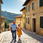 **Image Prompt:** Quaint San Marino street scene. A cobblestone street winds uphill in San Marino. A Swedish family (parents and two children) is strolling along, looking cheerful. In the background: traditional stone buildings with flower boxes, the San Marino flag gently waving, and a glimpse of the rolling hills of the countryside. Golden hour lighting.