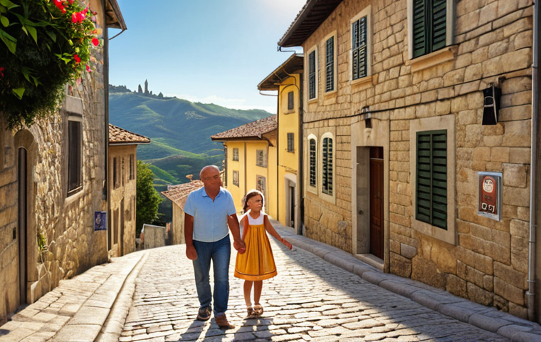 **Image Prompt:** Quaint San Marino street scene. A cobblestone street winds uphill in San Marino. A Swedish family (parents and two children) is strolling along, looking cheerful. In the background: traditional stone buildings with flower boxes, the San Marino flag gently waving, and a glimpse of the rolling hills of the countryside. Golden hour lighting.